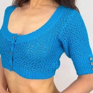 NWOT FP BEACH Blue Cropped crochet Knit Sweater size medium